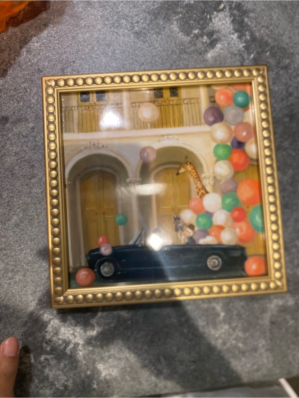 Janet Hill - Gold Framed Wall Art with Black Car and Colorful Balloons - 8x8